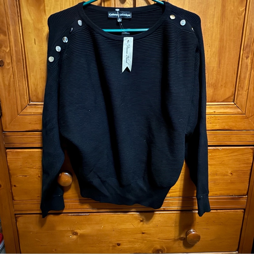 Catherine Malandrino NEW VISCOSE black ribbed sweater top with button detail